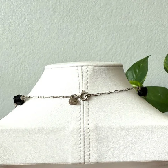 Vintage Judy Lee Black Faceted Glass Bead Station Necklace Antiqued Silver Chain - Picture 4 of 8